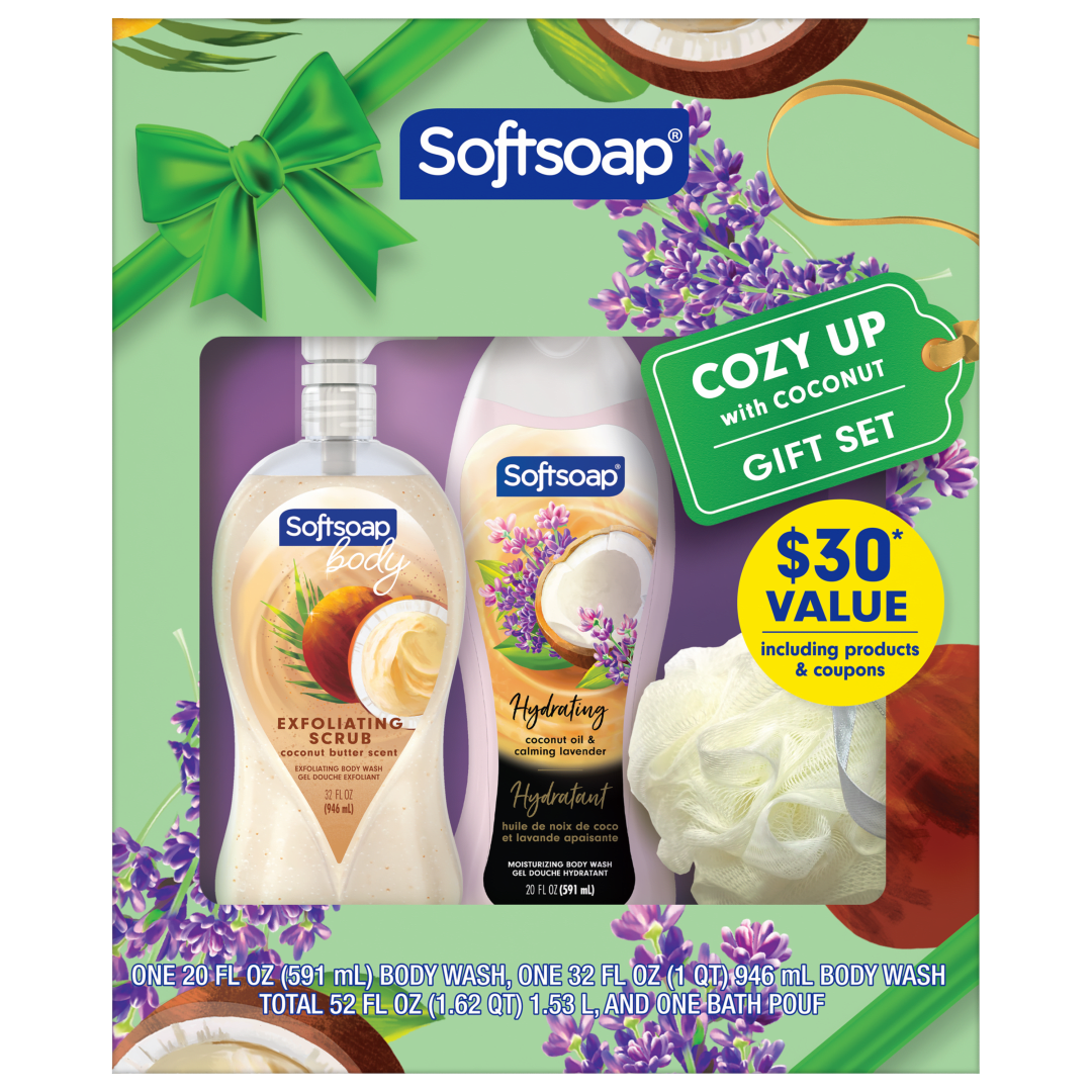 Softsoap Body Wash Gift Set — Includes 32 fl oz Pump Bottle of Exfoliating Scrub Coconut Butter Scent and 20 fl oz Bottle of Hydrating Coconut Oil & Calming Lavender + Pouf