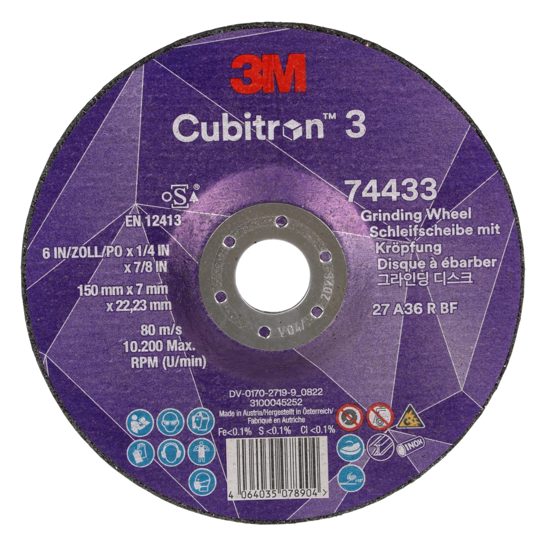 3M™ Cubitron™ 3 Depressed Center Grinding Wheel, 74433, 36+, T27, 150 mm x 7 mm x 22.23 mm, Gouge Special EN, 10/Pack 20 ea/Case