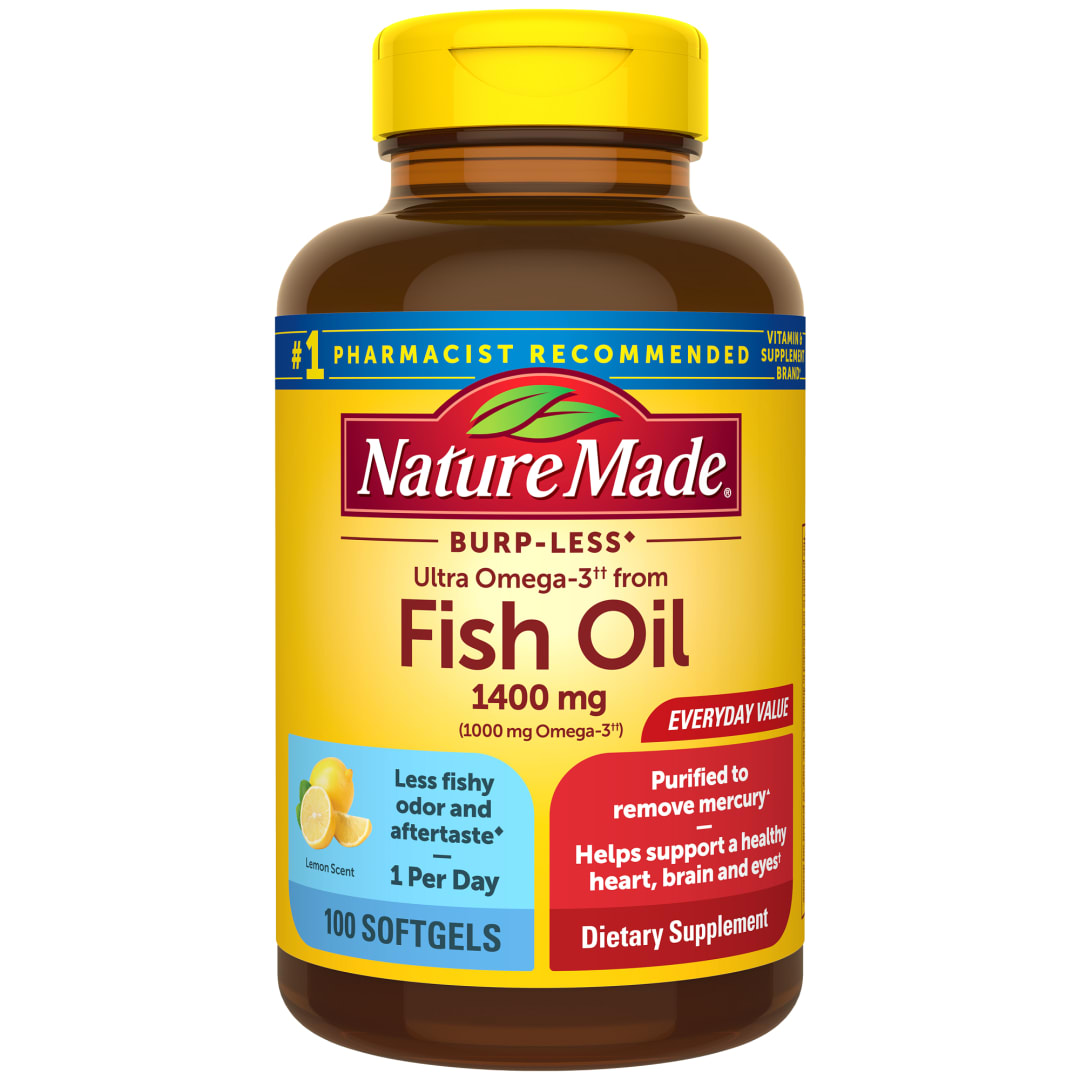 Nature Made Burp Less Ultra Omega 3 Fish Oil 1400 mg, Fish Oil Supplements, Omega 3 Supplement for Healthy Heart, Brain and Eyes Support, One Per Day, 100 Softgels