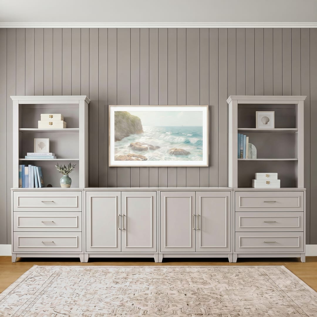 Lily Pond 6-Piece Modular Media Center, 2 Base Cabinets, 2 Cabinets with Drawers, 2 Open Shelf Hutches, Soft-Close Hinges, Sharkey Gray/Brushed SS