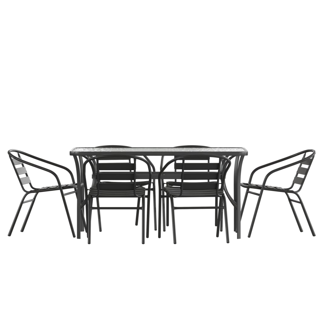 Lila 7 Piece Commercial Outdoor Patio Dining Set with 60" Tempered Glass Patio Table with Umbrella Hole and 6 Black Triple Slat Chairs