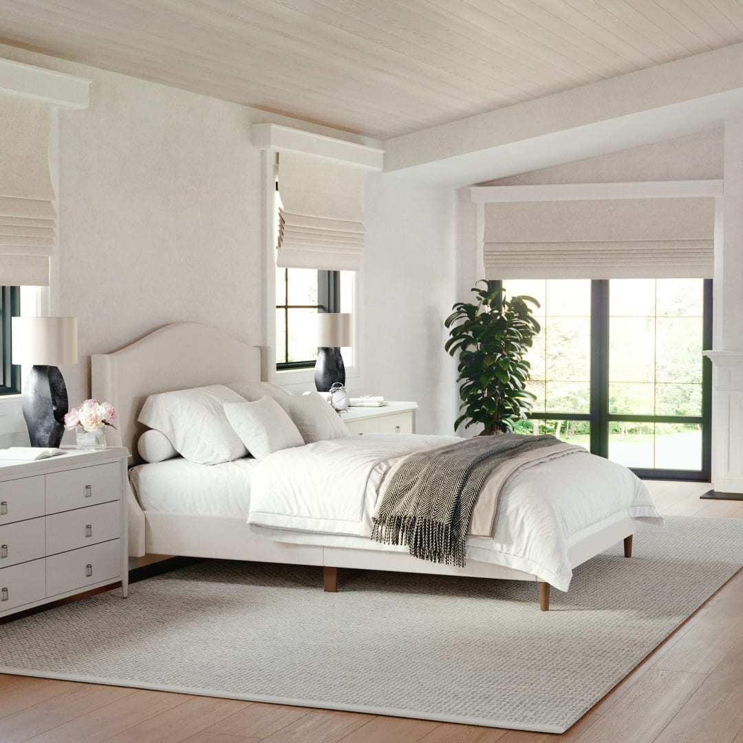 Amelia Full Upholstered Platform Bed with Curved Headboard and Cushioned Siderails, Wood Slat Foundation with No Box Spring Needed, Beige