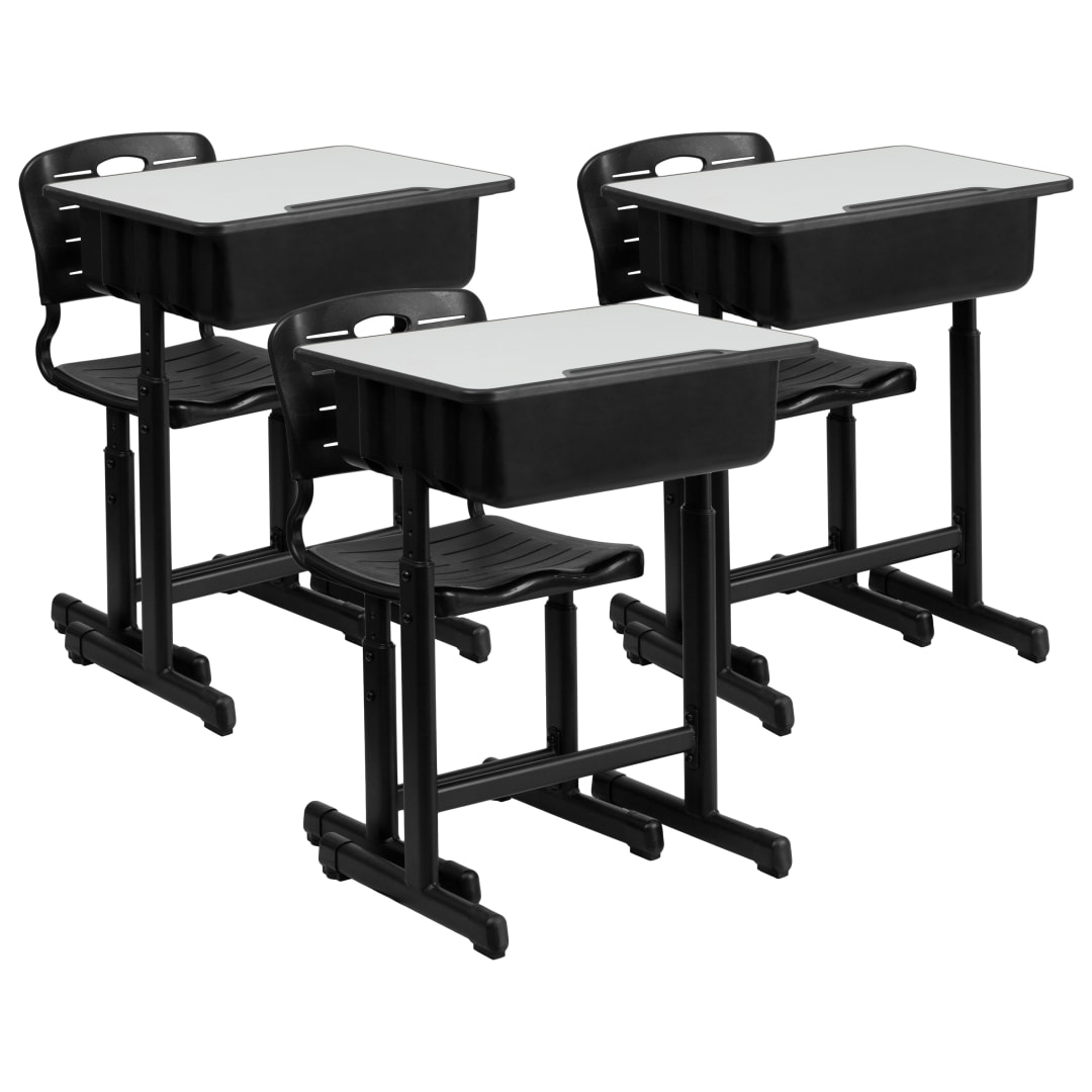 Nila Adjustable Height Student Desk and Chair with Black Pedestal Frame - Set of 3
