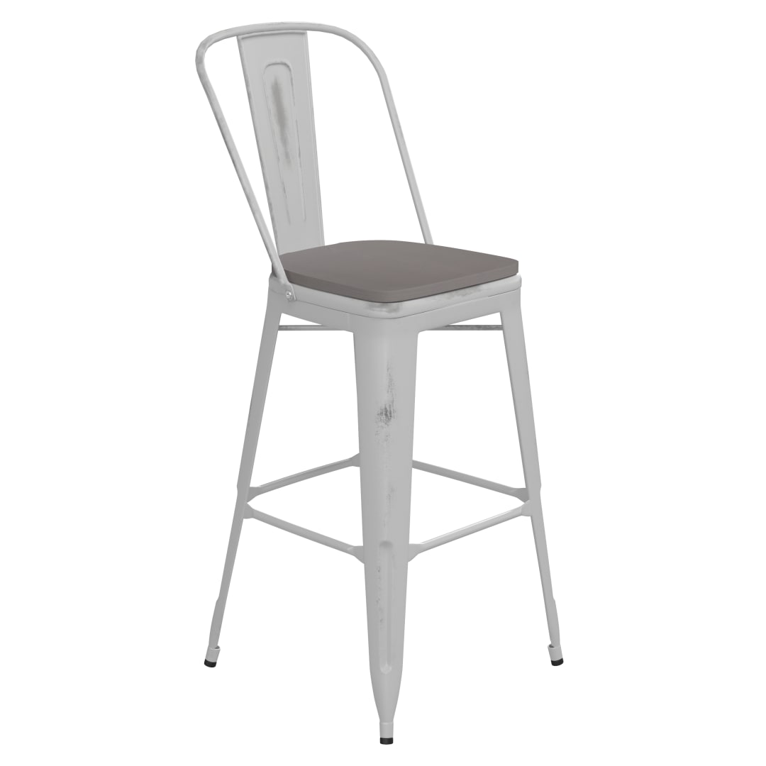 Carly Commercial Grade 30" High White Metal Indoor-Outdoor Barstool with Back with Gray Poly Resin Wood Seat