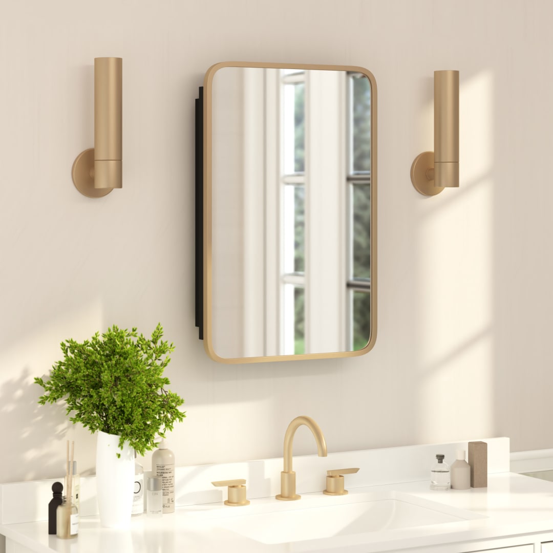 Jolie 16" x 24" Recessed Bathroom Medicine Cabinet with Rounded Beveled Mirror and Reversible Metal Frame in Gold