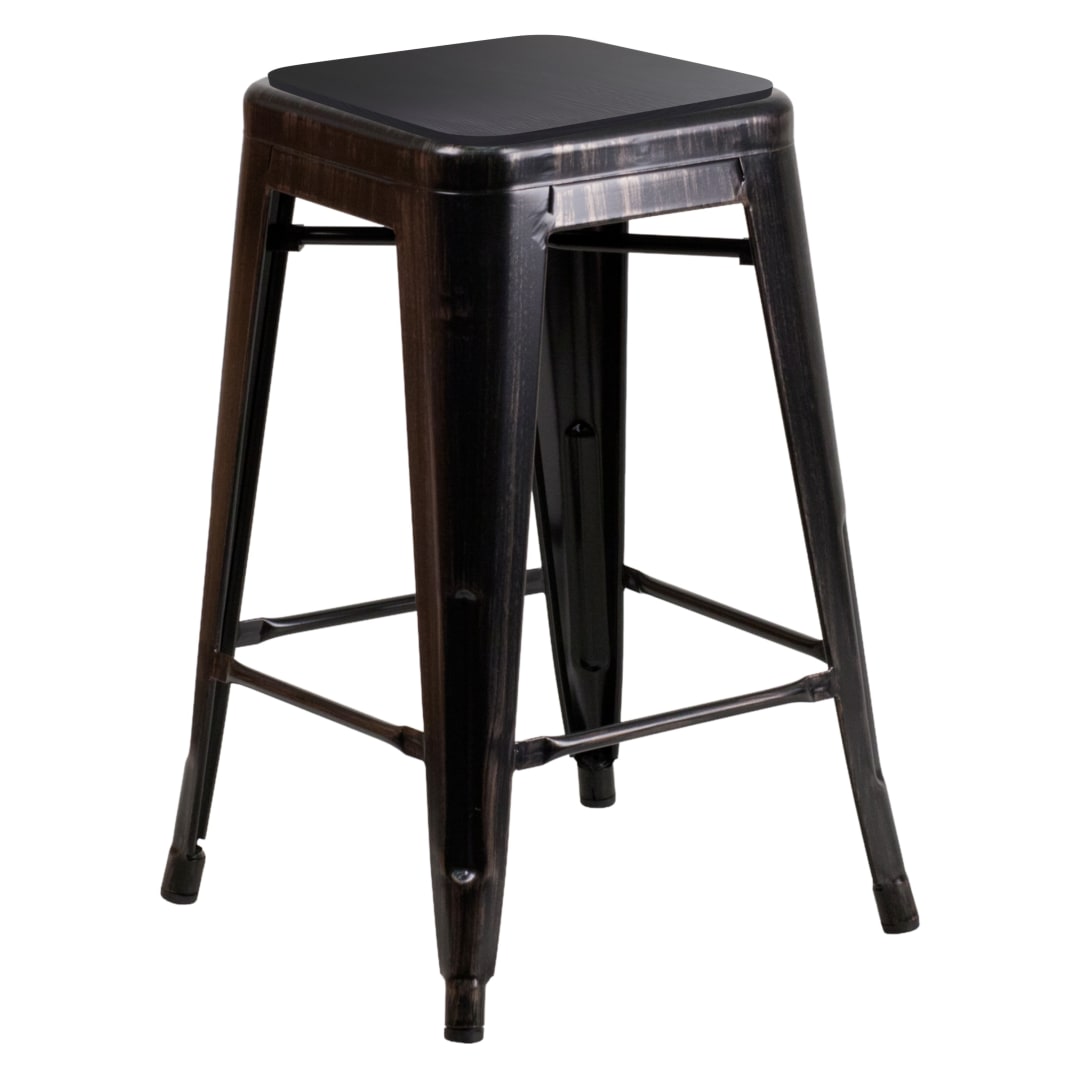Kai Commercial Grade 24" High Backless Black-Antique Gold Metal Indoor-Outdoor Counter Height Stool with Black Poly Resin Wood Seat