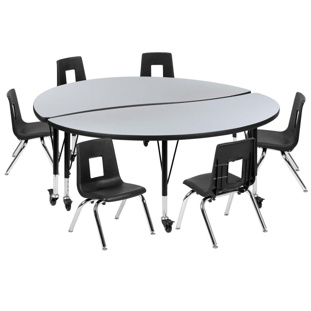 Emmy Mobile 60" Circle Wave Flexible Laminate Activity Table Set with 14" Student Stack Chairs, Grey/Black