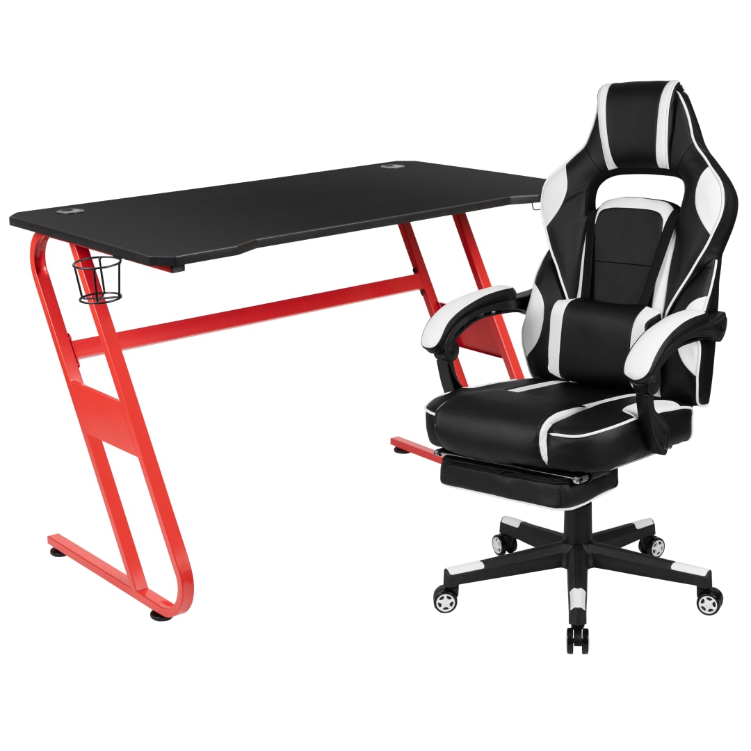 Optis Red Gaming Desk with Cup Holder/Headphone Hook &amp; White Reclining Back/Arms Gaming Chair with Footrest
