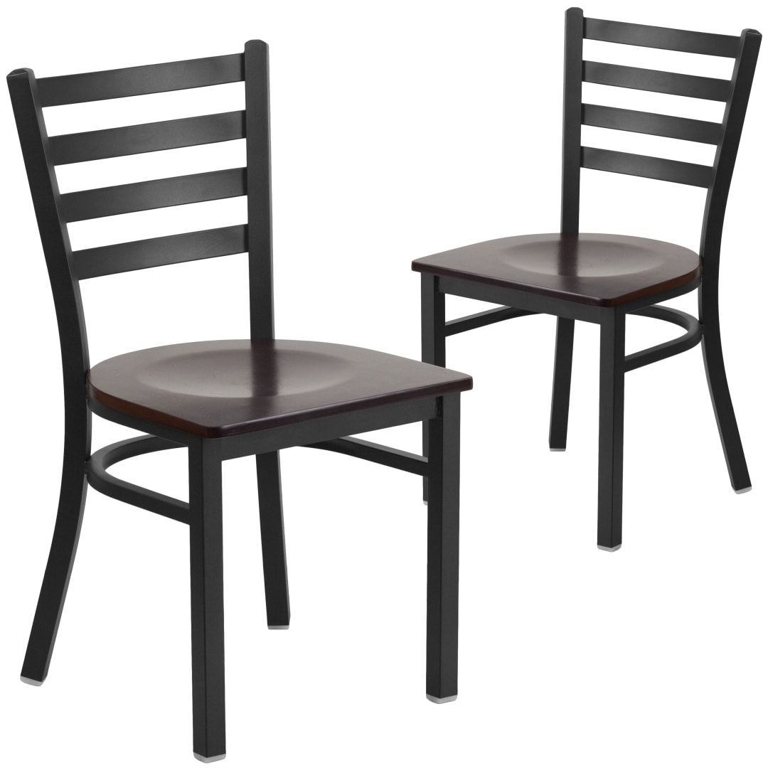 2 Pack HERCULES Series Black Ladder Back Metal Restaurant Chair - Walnut Wood Seat