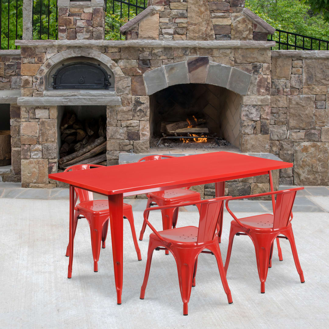 Fisher Commercial Grade 31.5" x 63" Rectangular Red Metal Indoor-Outdoor Table Set with 4 Arm Chairs