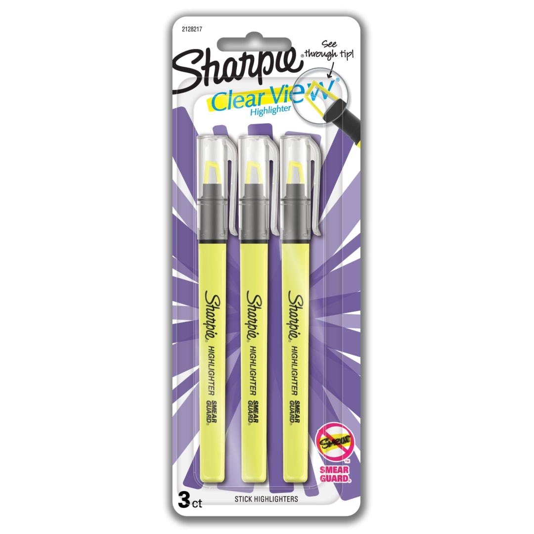 Sharpie® Highlighter, Clear View Highlighter with See-Through Chisel Tip, Stick Highlighter, Yellow, 3 Count