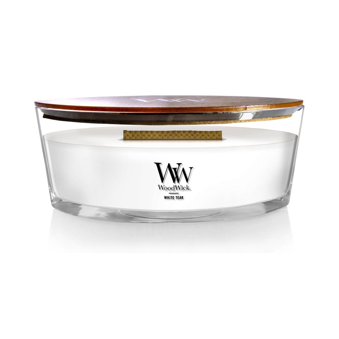 WoodWick® White Teak Scented Ellipse Candle, Crackles as it Burns, Great for Gifting, Up to 50 hrs Burn Time, 16oz