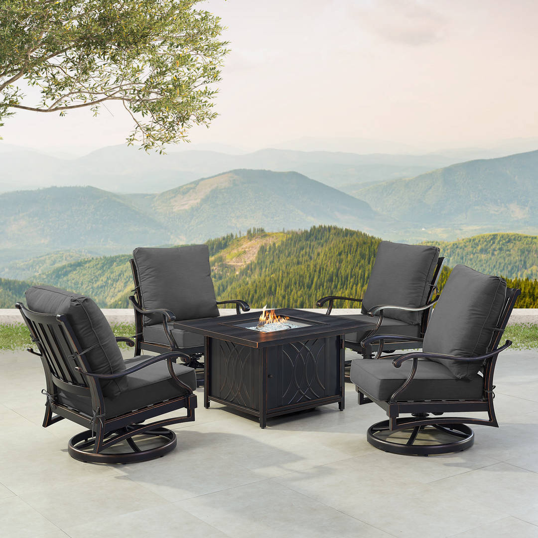 Black Aluminum Patio Fire Table Set with Four Club Chairs