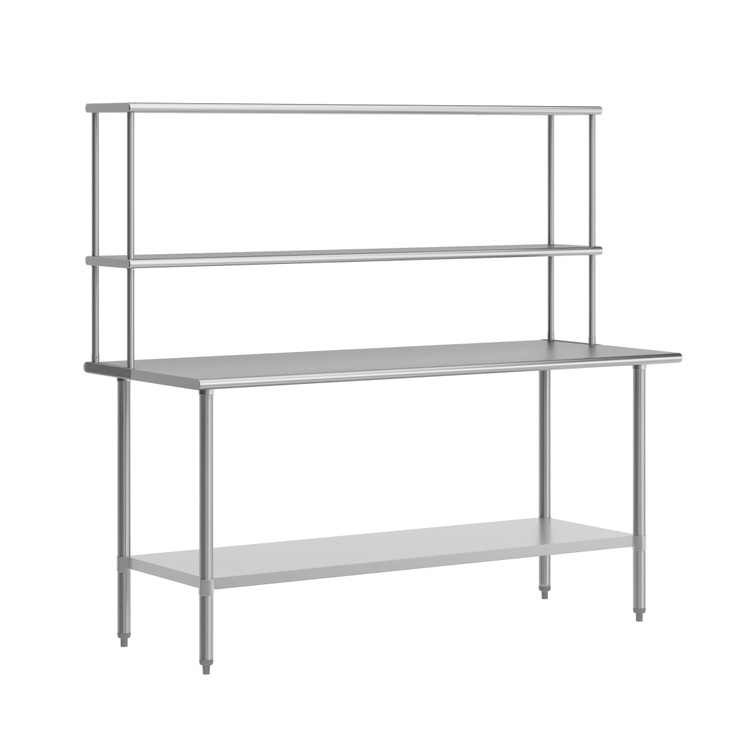 Reader Portable Prep and Work Table with NSF Certified 18 Gauge Stainless Steel Top Shelf and Double Overshelves and Galvanized Steel Undershelf