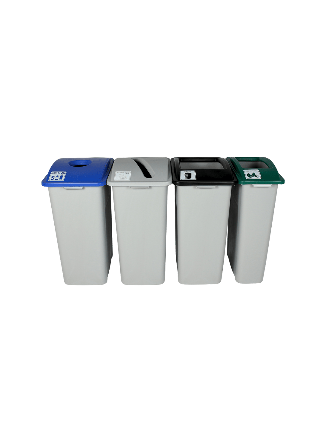  WASTE WATCHER - Quad - Kit - Xl - Cans &amp; Bottles-Paper-Compost-Waste - Circle-Slot-Full - Grey-Blue-Grey-Green-Black