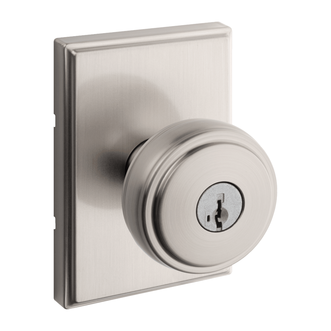 Sora Keyed Entry Knob w/ Rectangular Rose featuring SmartKey Security™ in Satin Nickel