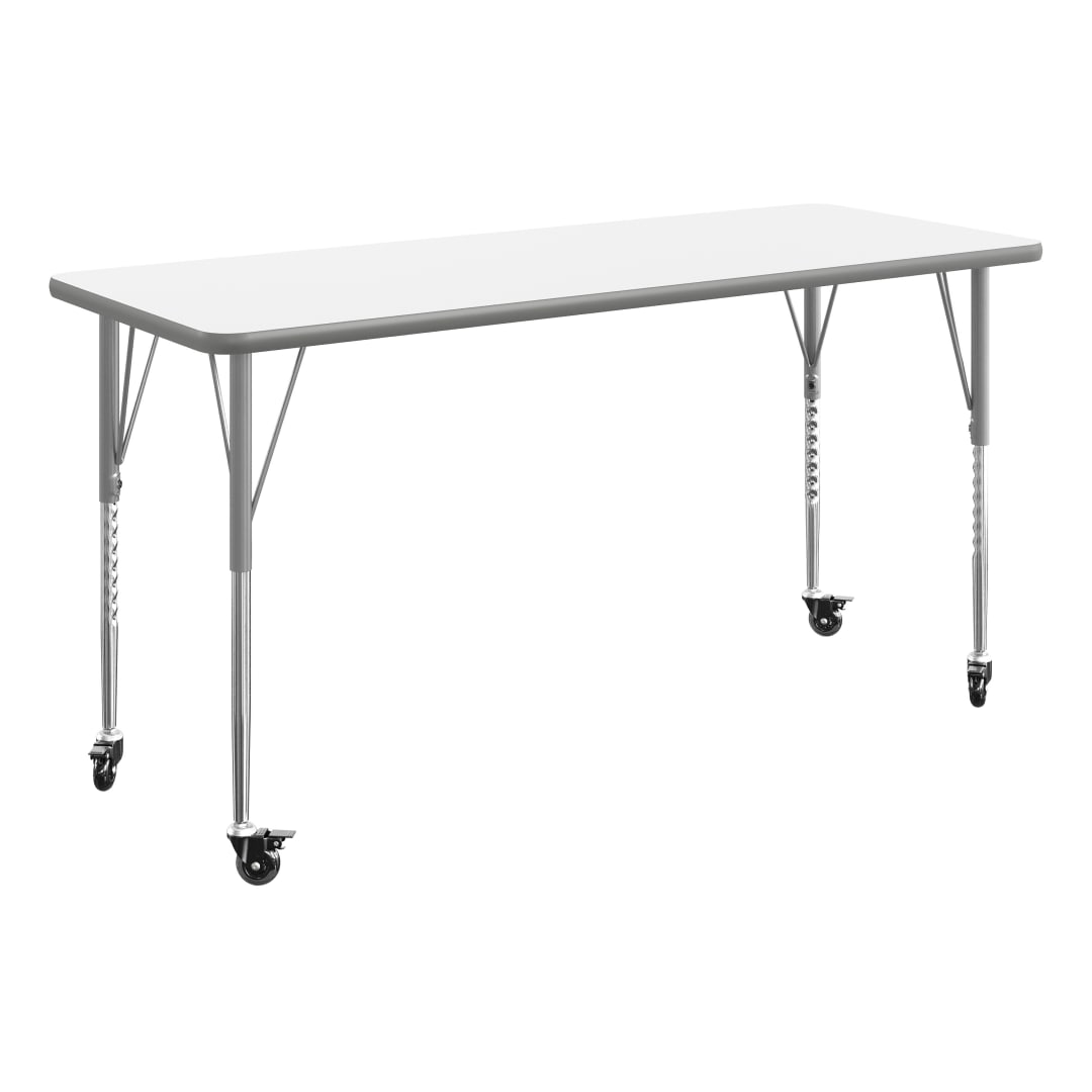 Wren 60" x 24" Adjustable Height Activity Table, Thermal Laminate Top, Silver Standard Legs with Locking Casters, White