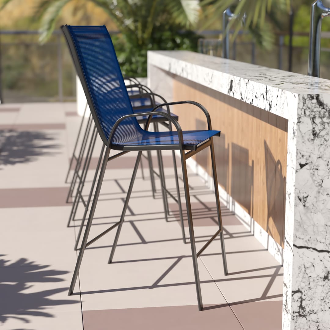 4 Pack Brazos Series Navy Outdoor Barstools with Flex Comfort Material and Metal Frame