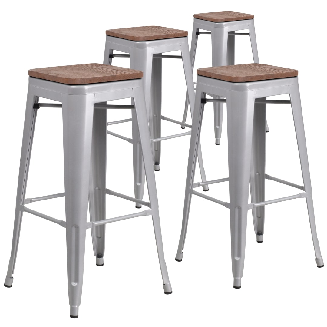 Lily 4 Pack 30" High Backless Silver Metal Barstool with Square Wood Seat