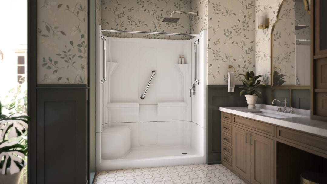 DreamLine Accessible Living Harmony Shower Kit, RH Drain, with Grab Bars and Curtain Rods, Chrome