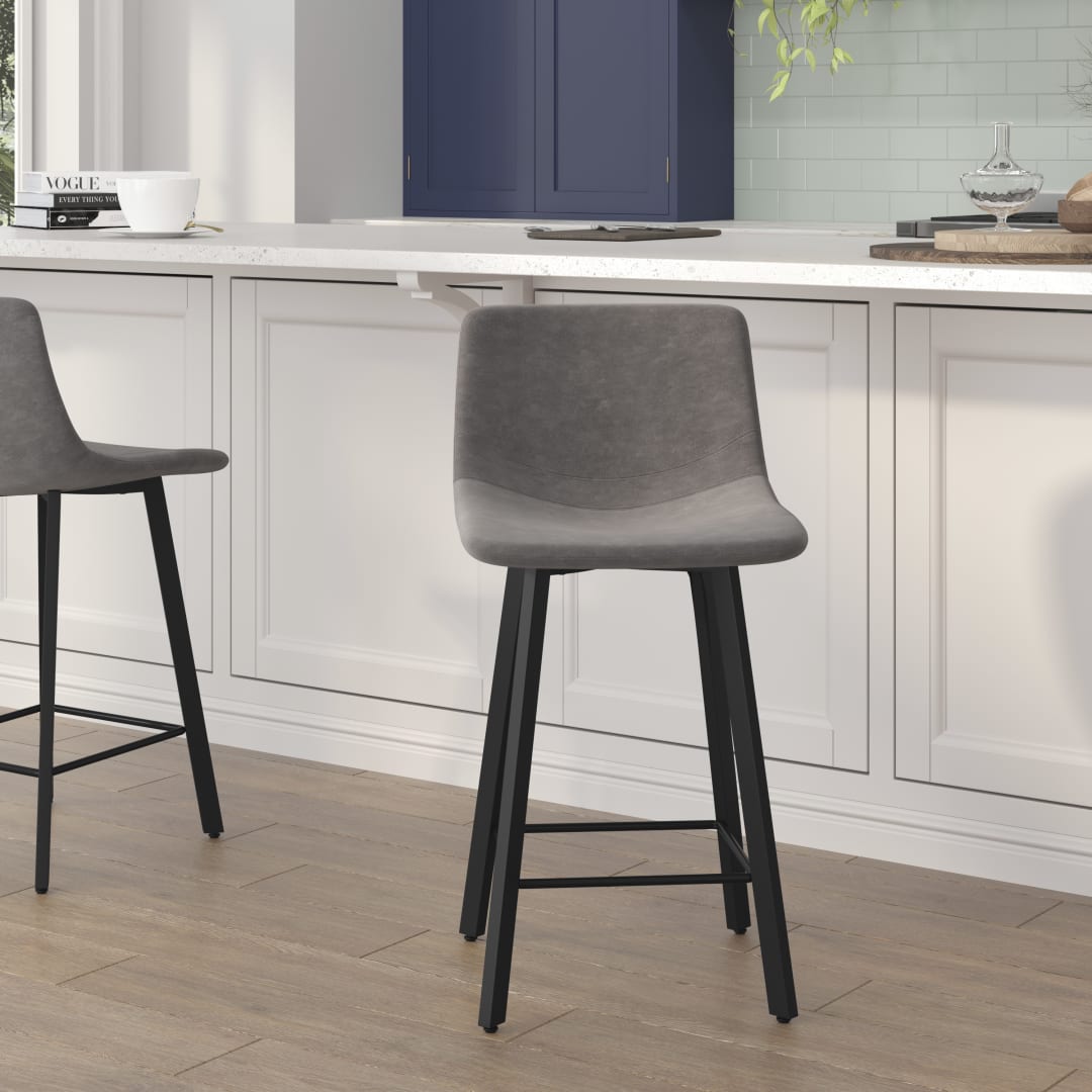 Caleb Modern Armless 24 Inch Counter Height Stools Commercial Grade with Footrests in Gray LeatherSoft and Black Matte Metal Frames, Set of 2