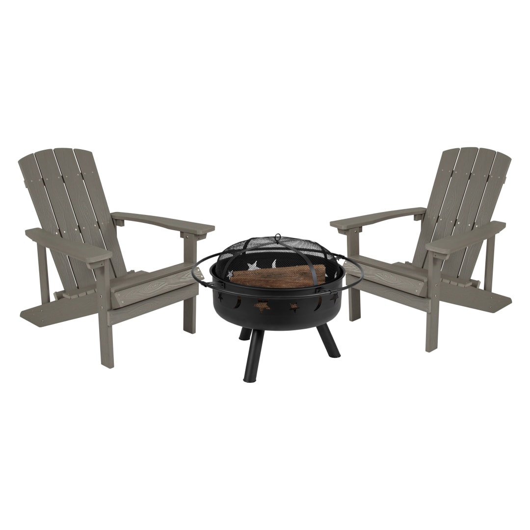 3 Piece Charlestown Commercial Gray Poly Resin Wood Adirondack Chair Set with Fire Pit - Star and Moon Fire Pit with Mesh Cover