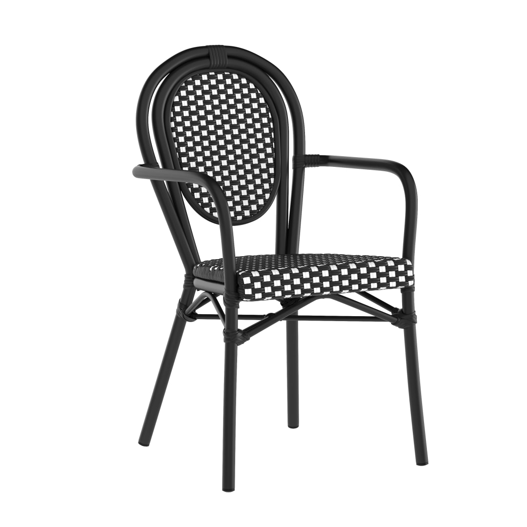 Lourdes Indoor/Outdoor Commercial Thonet Bistro Stacking Chair with Arms, Black and White PE Rattan and Black Aluminum Frame