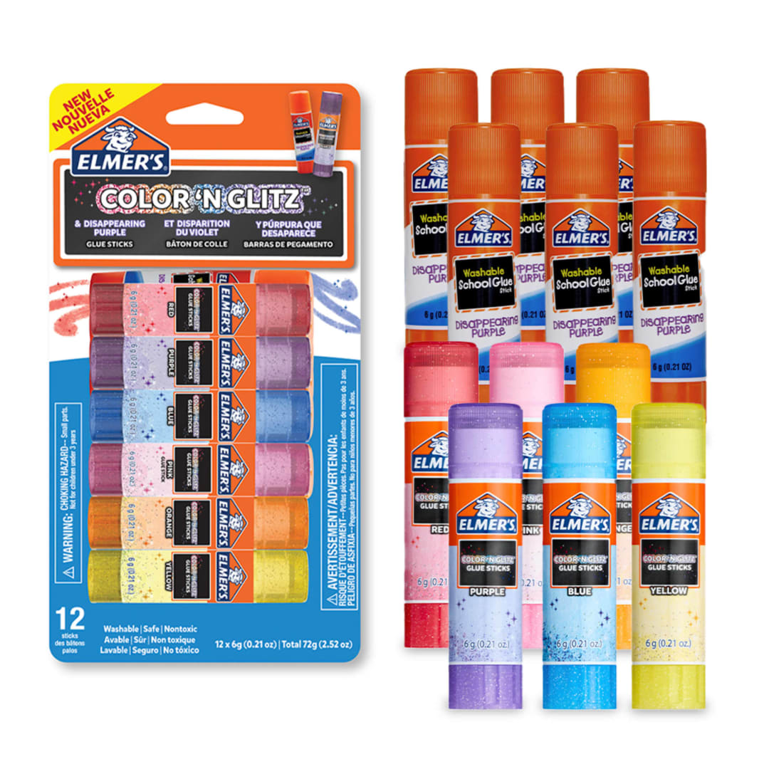 Elmers Color 'n Glitz Glue Sticks, Washable, Assorted Colors, Includes Disappearing Purple Glue Sticks, 6 Grams, 12 Pack