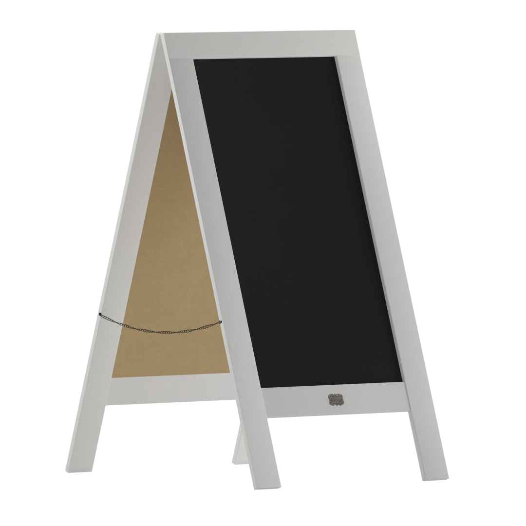 Canterbury 40" x 20" White Wooden Indoor/Outdoor A-Frame Magnetic Chalkboard Sign Set with 8 Chalk Markers, 10 Stencils, and 2 Magnets, and Eraser
