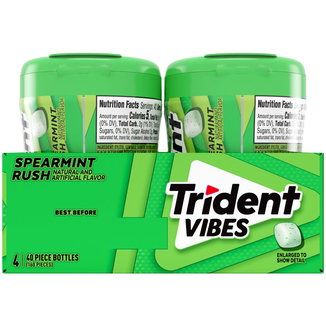 Trident Vibes Sugar Free Chewing Gum Spearmint Rush 40 pc Bottles - 4 Pack