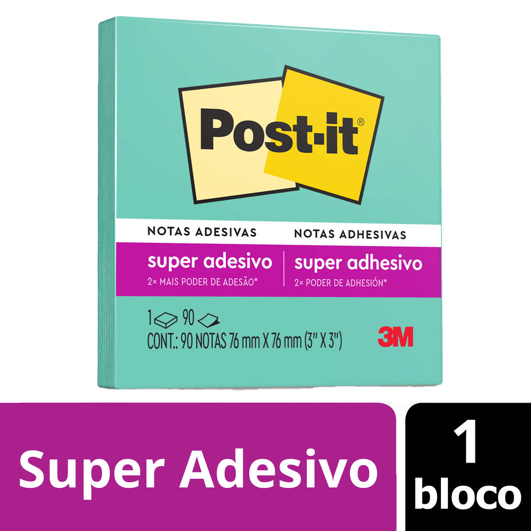 Bloco de Notas Super Adesivas Post-it®, Azul Aqua, 76 mm x 76 mm, 90 Folhas