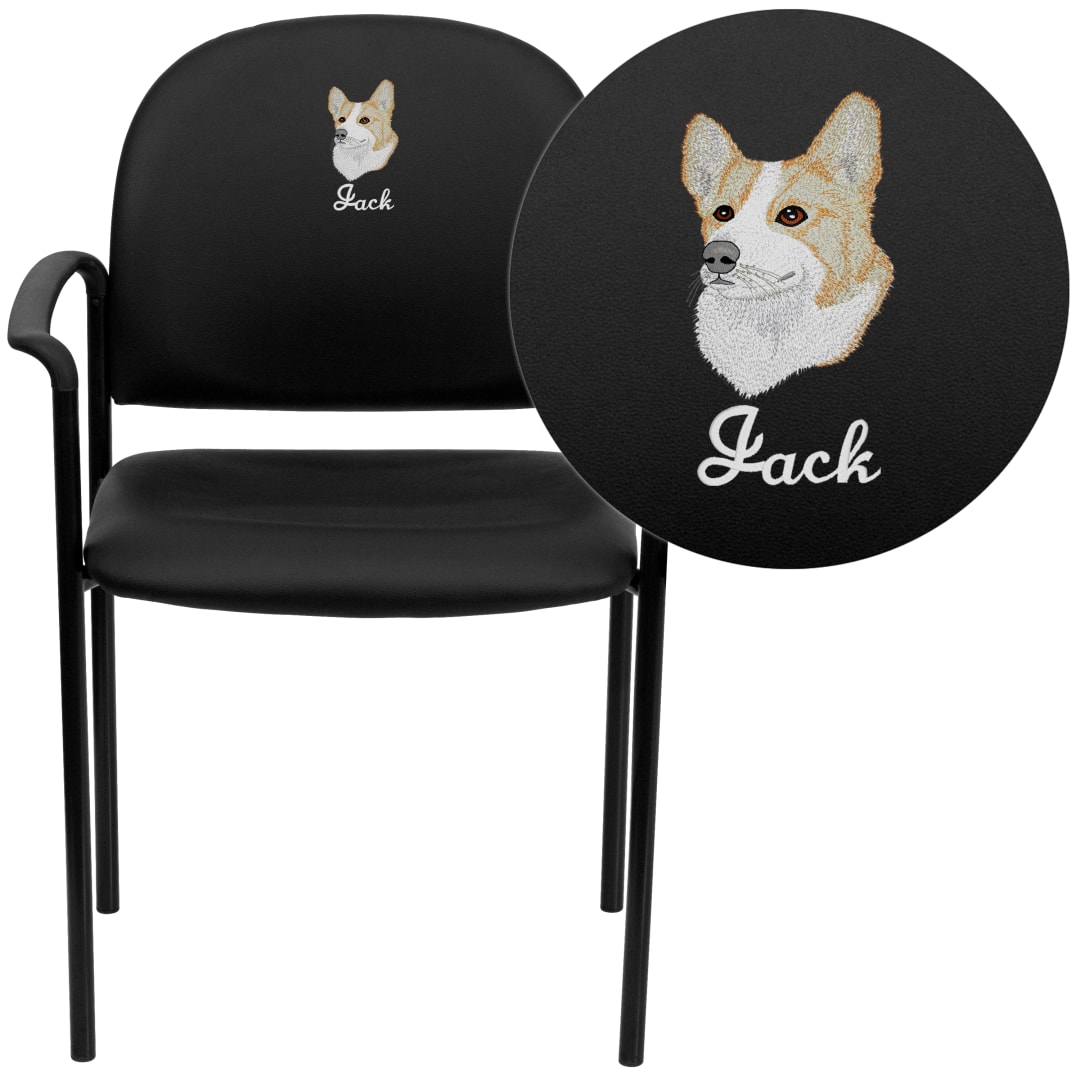 Tiffany Embroidered Comfort Black Vinyl Stackable Steel Side Reception Chair with Arms