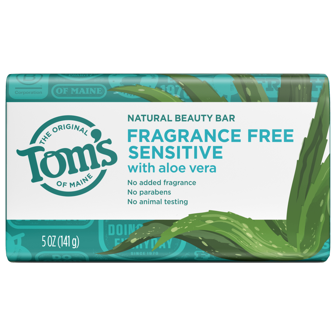 Tom’s of Maine Fragrance Free Sensitive Natural Bar Soap with Aloe Vera, Dermatologically Tested, Paraben Free, Vegan, 5 oz