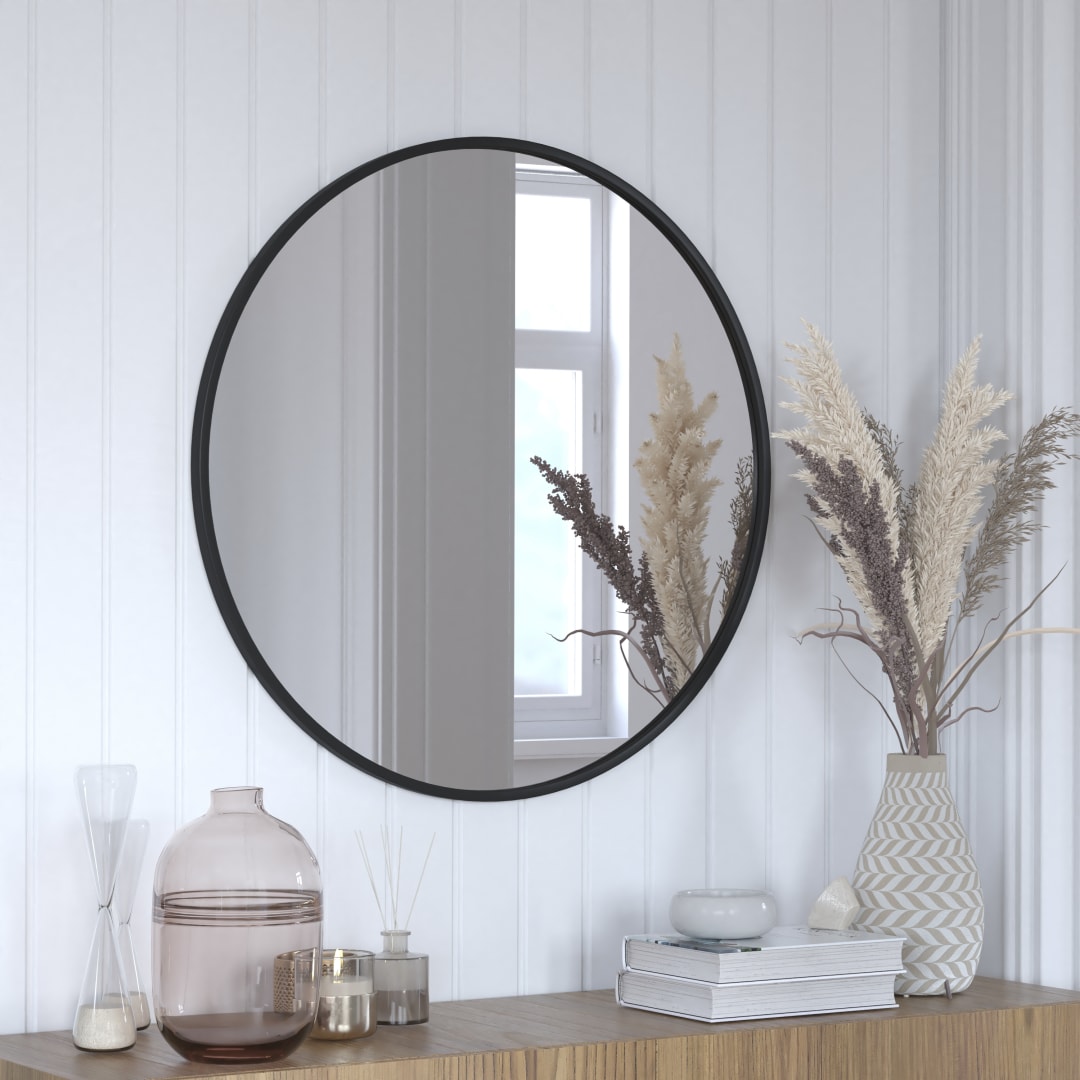 Julianne 30" Round Black Metal Framed Wall Mirror - Large Accent Mirror for Bathroom, Vanity, Entryway, Dining Room, &amp; Living Room