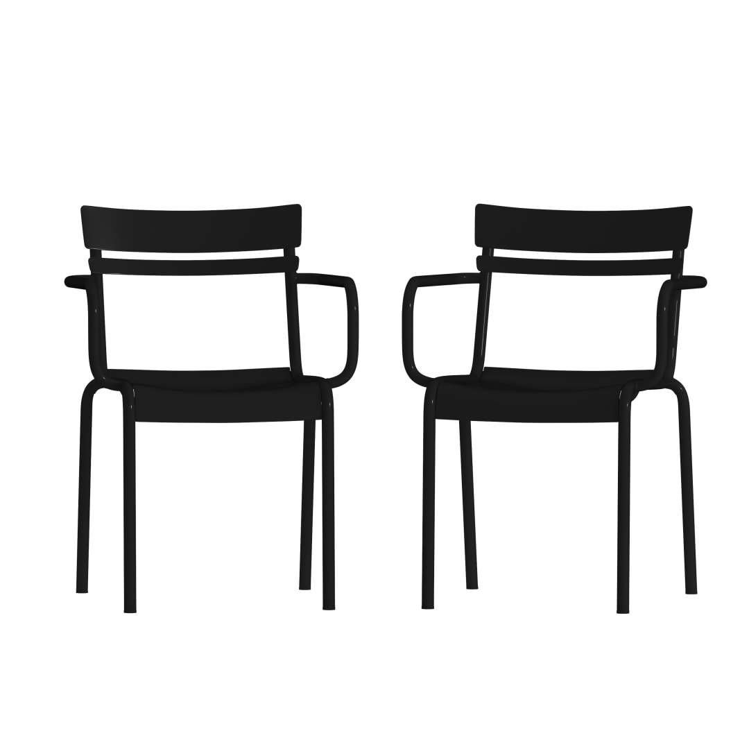 Nash Commercial Grade Black Steel Indoor-Outdoor Stackable Chair with 2 Slats and Arms, Set of 2