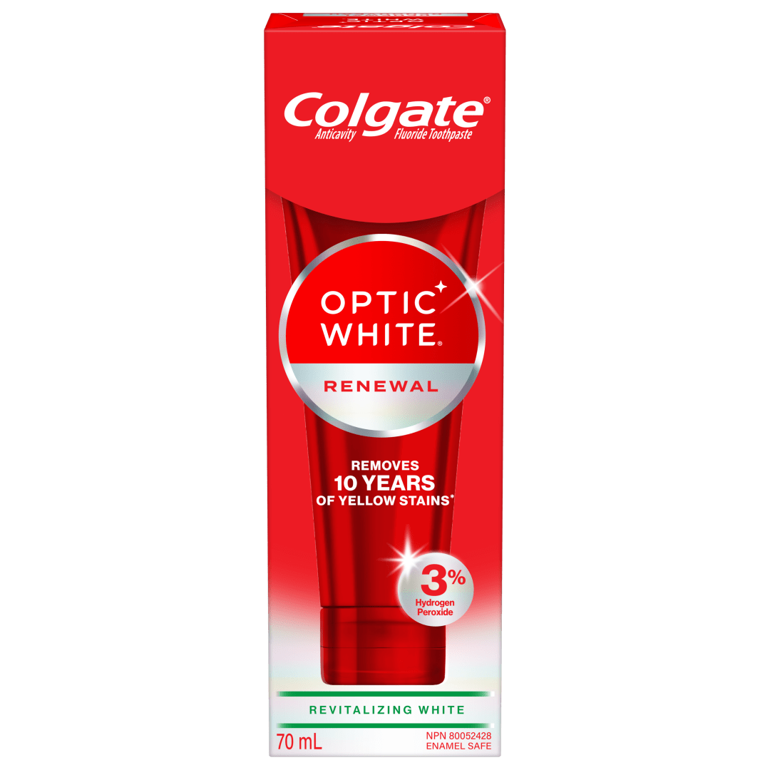 Dentifrice blanchissant Colgate Optic White Renewal avec 3 % de peroxyde d’hydrogène, dentifrice anti-caries blanchissant à fort impact avec du fluorure, 70 ml