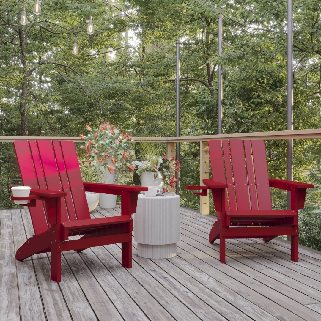 Halifax Adirondack Chair with Cup Holder, Weather Resistant HDPE Adirondack Chair in Red, Set of 2