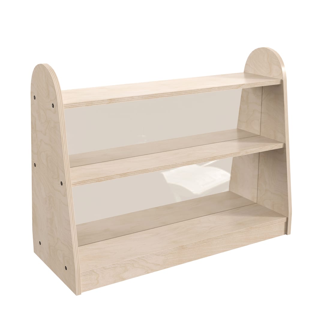 Bright Beginnings Commercial Grade 3 Shelf Double Sided Wooden Classroom Storage Unit with Clear Plastic Divider, Safe, Kid Friendly Design, Natural
