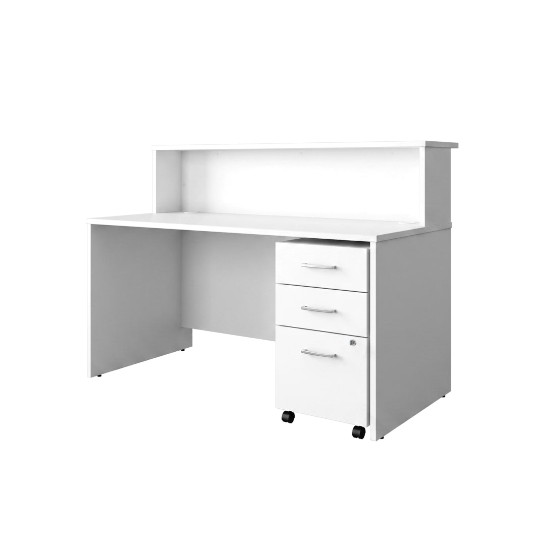 Cornerstone 59.5"W Executive Reception Desk with 3-Drawer Mobile Pedestal, White