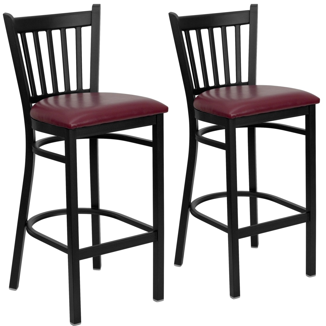 2 Pk. HERCULES Series Black Vertical Back Metal Restaurant Barstool - Burgundy Vinyl Seat