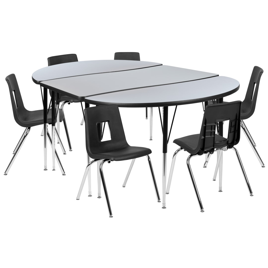 Emmy 76" Oval Wave Flexible Laminate Activity Table Set with 18" Student Stack Chairs, Grey/Black