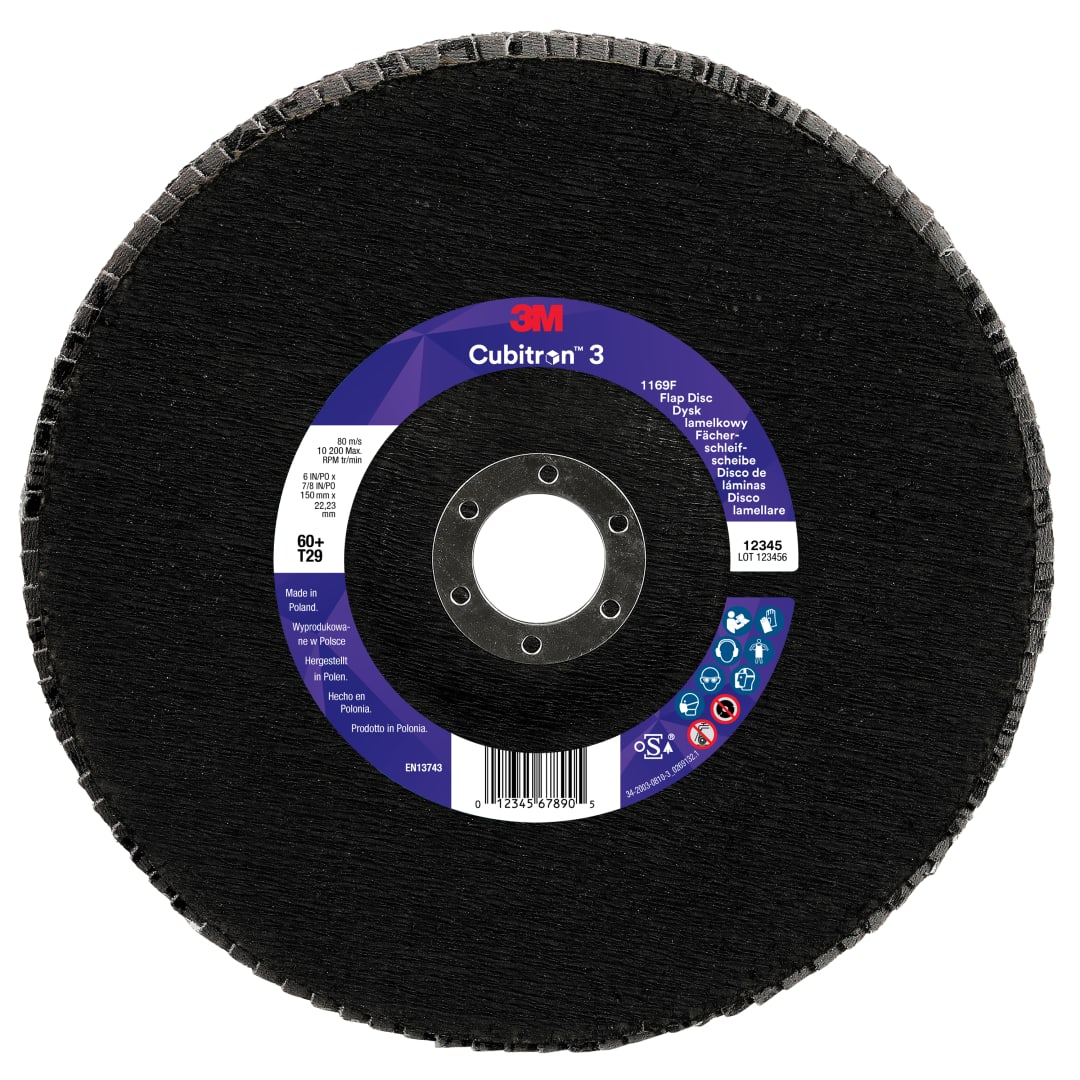 3M™ Cubitron™ 3 Flap Disc 1169F, 60+, T29-Conical, 150 mm x 22.23 mm, 5/Pack, 20 ea/Case