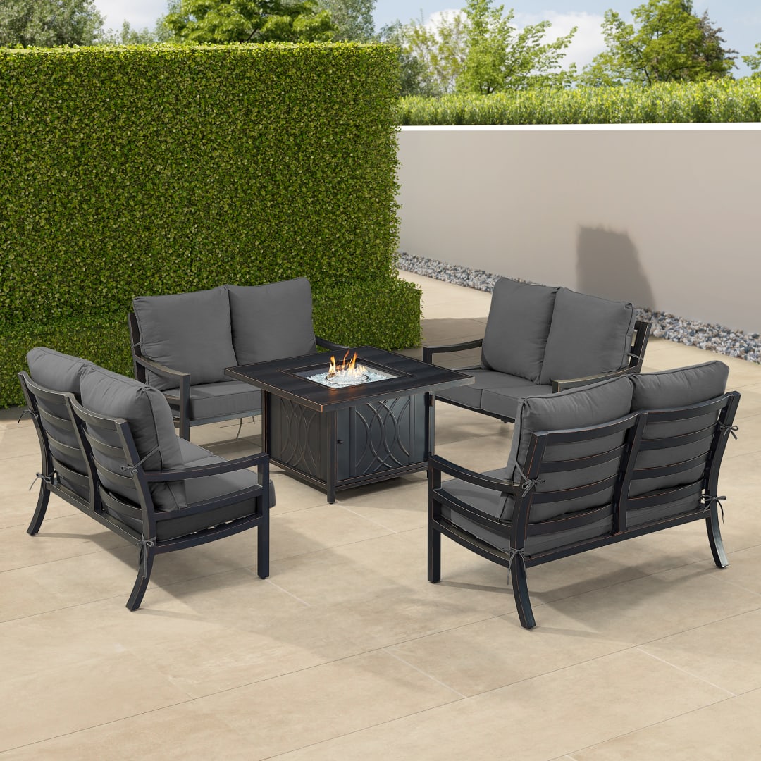 Black Aluminum Patio Fire Table Set with Four Deep Seating Loveseat with Cushions