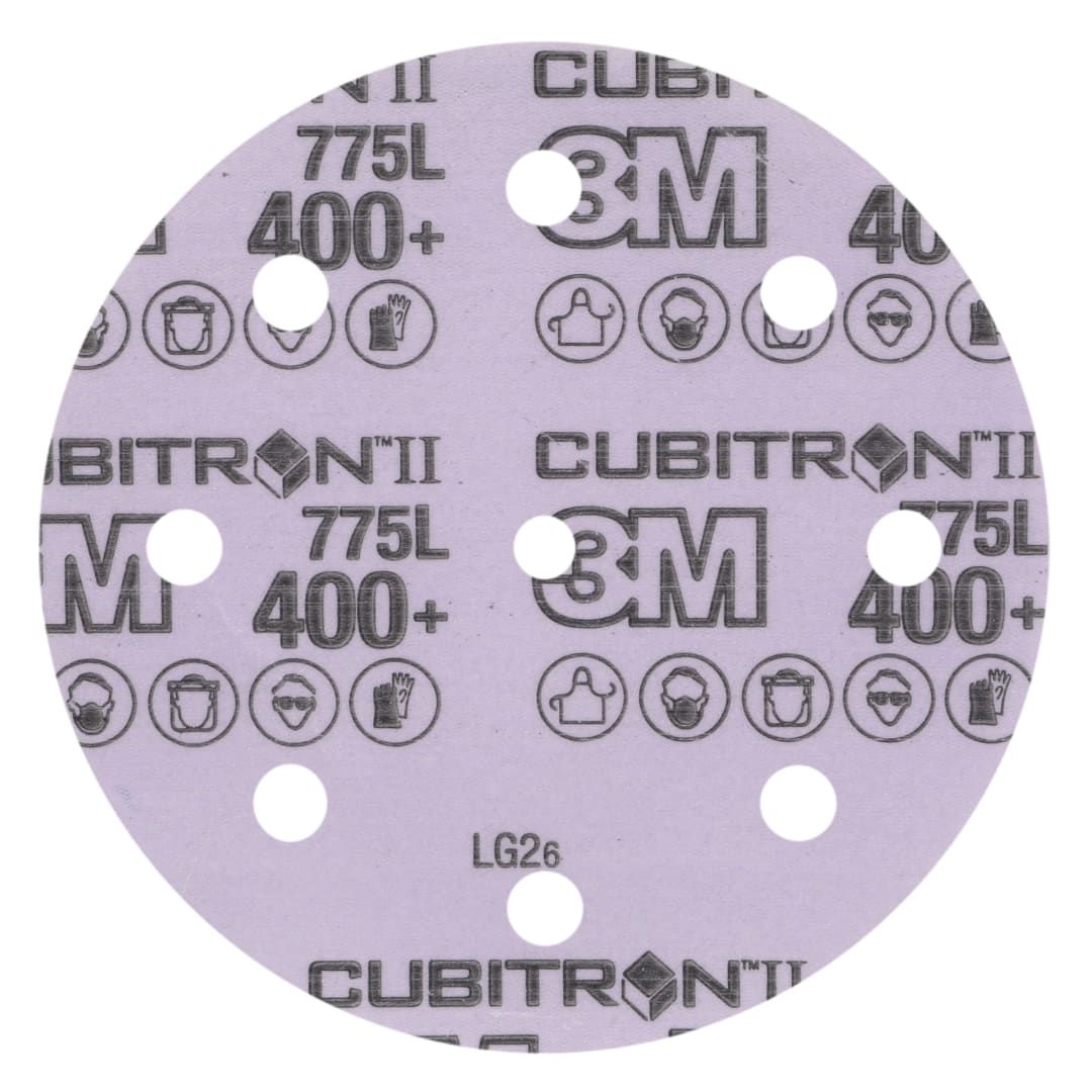 3M™ Cubitron™ II Hookit™ 775L Film Disk, 400+ 3MIL, 127 mm x NH, 8HL, Die 500KE, 50/Carton, 250 ea/Case