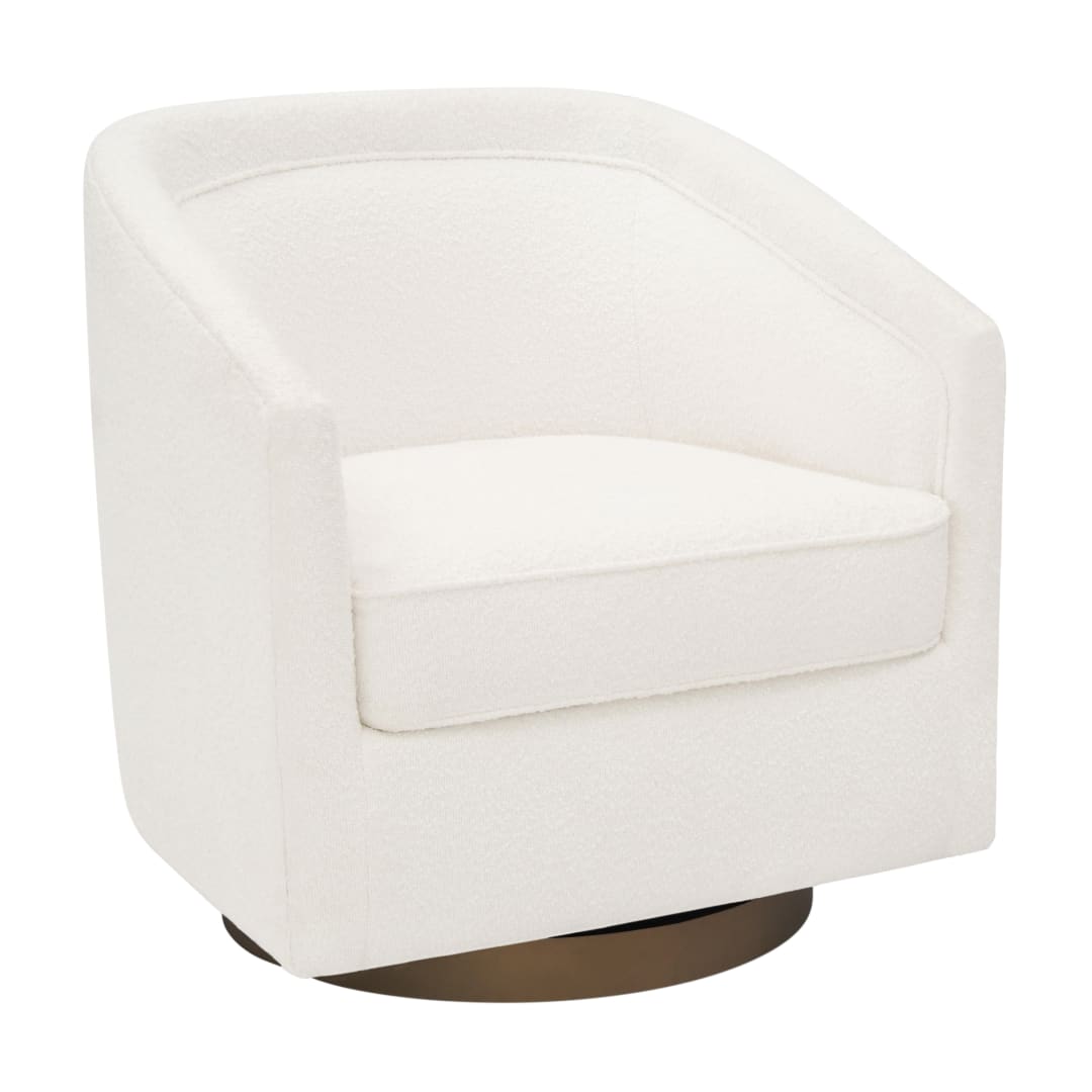 Dean Club Style Commercial Barrel Accent Armchair with 360 Degree Swivel Metal Base and Sloped Armrests in Cream Boucle Upholstery