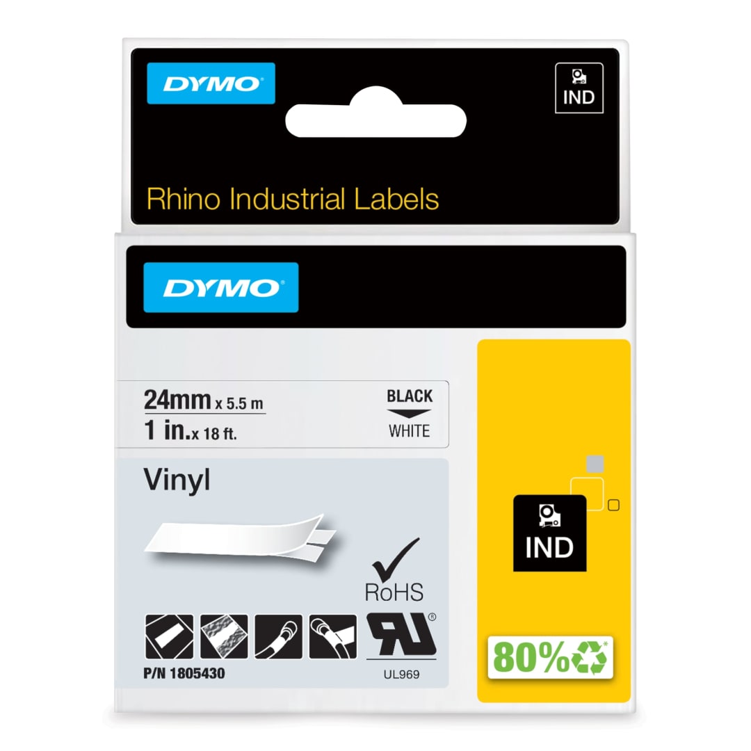 DYMO® Rhino Industrial Vinyl Labels, 1", Black Print on White Tape