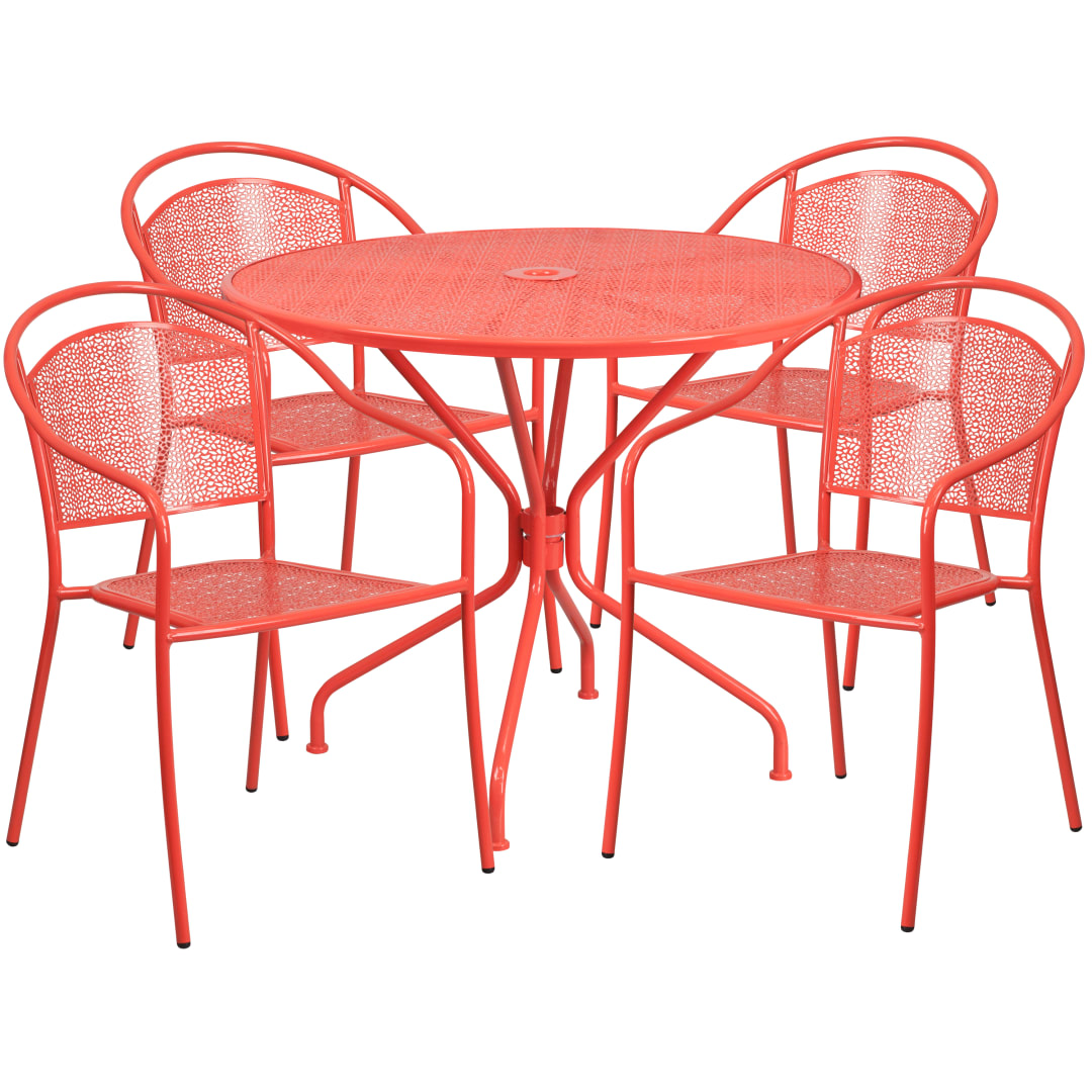 Oia Commercial Grade 35.25" Round Coral Indoor-Outdoor Steel Patio Table Set with 4 Round Back Chairs