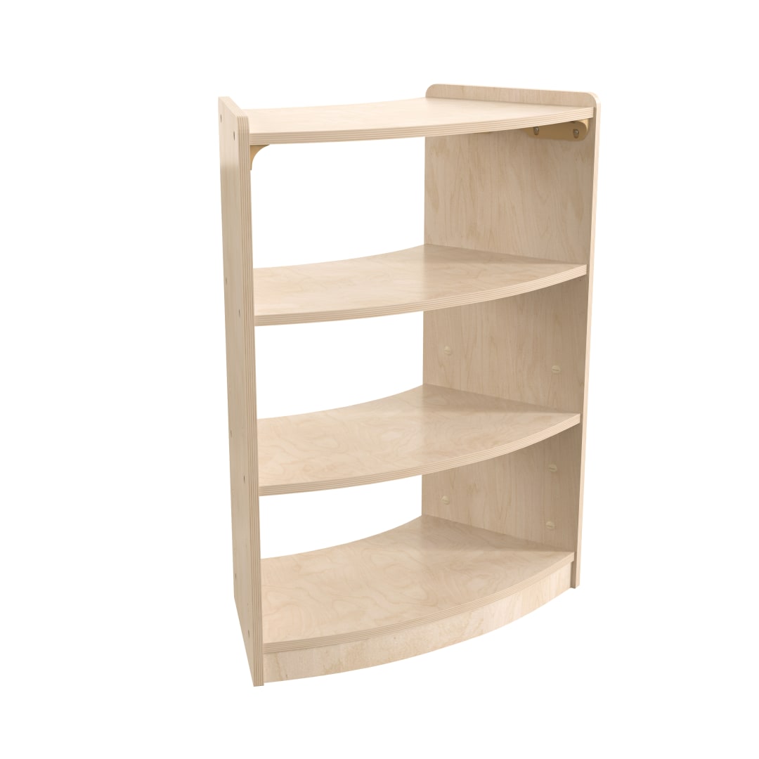 Bright Beginnings Commercial Grade Bow Front 3 Tier Wooden Classroom Open Corner Storage Unit, Safe, Kid Friendly Design, Natural