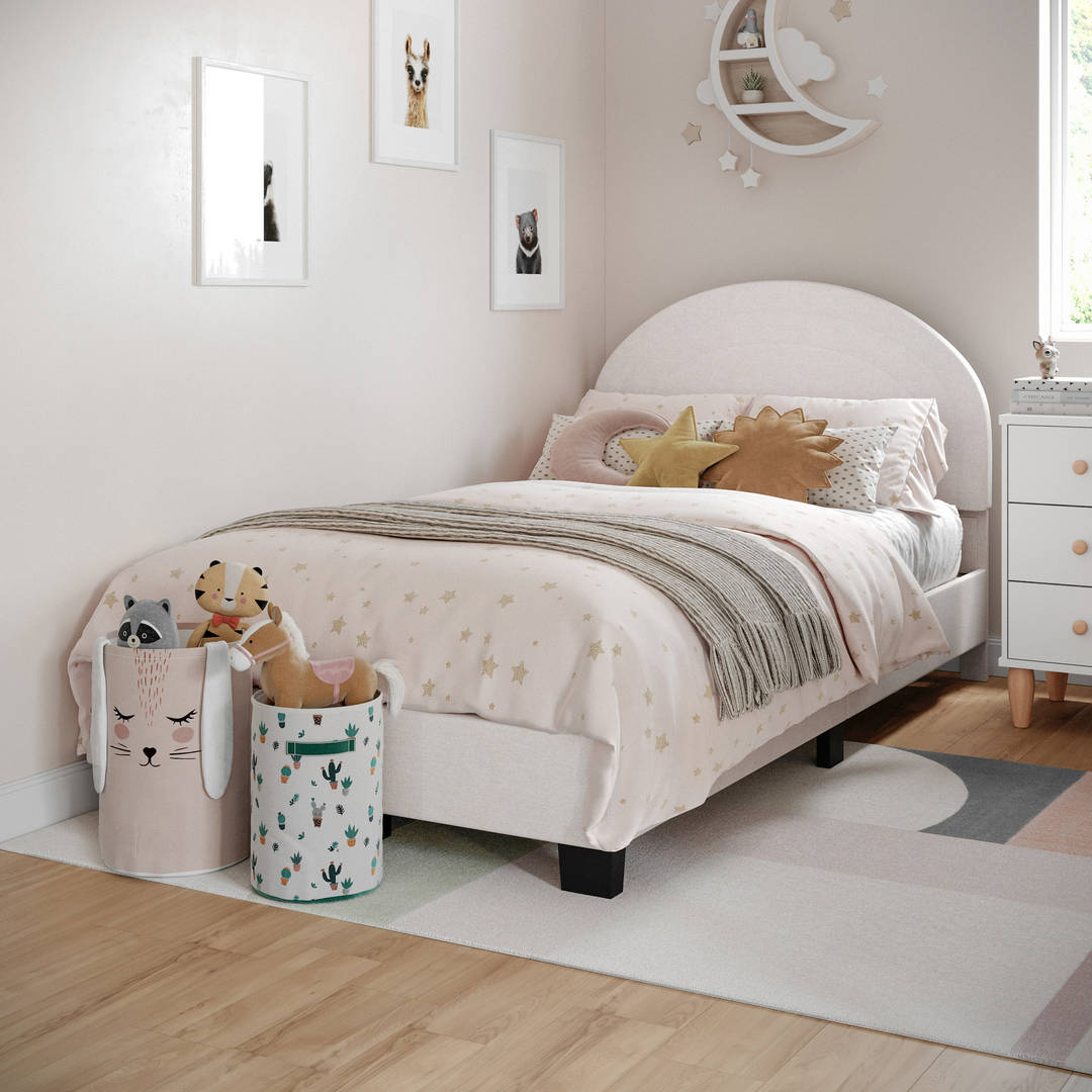 Twin Platform Bed Frame with Curved Headboard and Wood Slat Foundation in Marshmallow