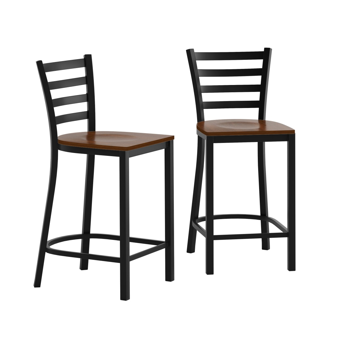 2 Pack HERCULES Black Ladder Back Metal Restaurant Counter Stool - Cherry Wood Seat